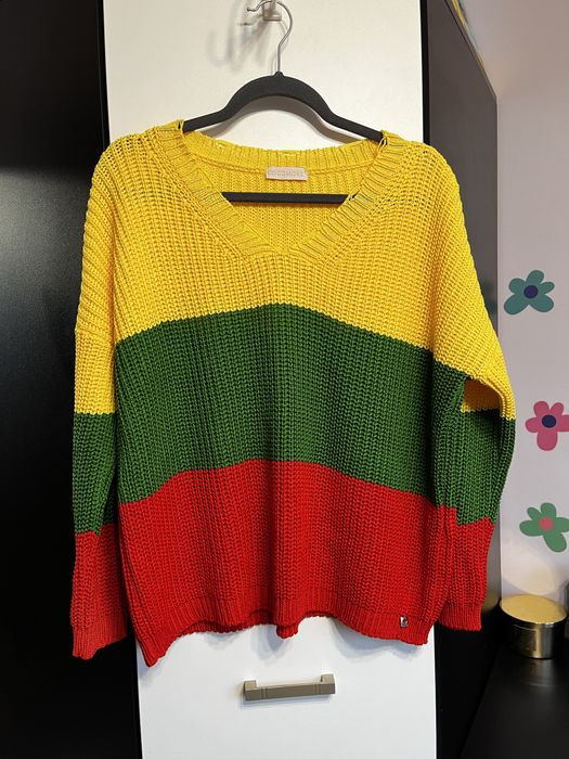 kolorowy sweter w paski M zolty zielony czerwony mocne kolory