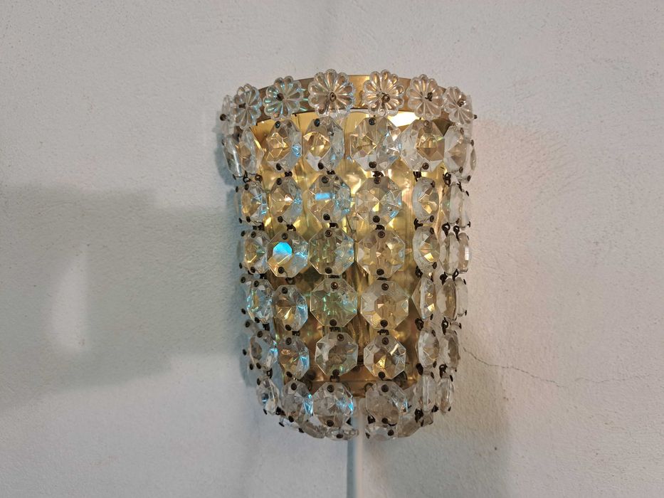 Kinkiet kryształowy mosiężny z wyłącznikiem Austria, 70-te
