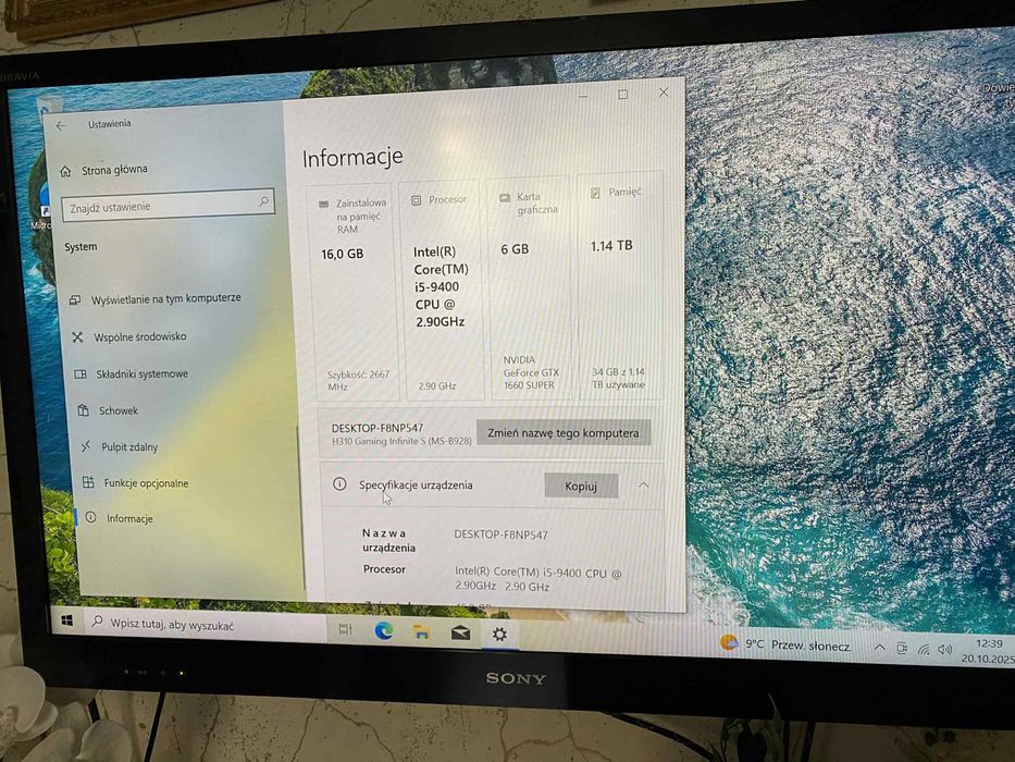 Komputer Msi Infinite S Gamingowy GTX 1660 Ram 16 Gb 1 TB i5 9 gen