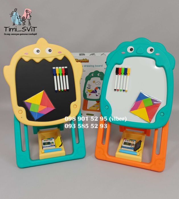 Мольберт 3в1 детский магнитный двухсторонний мел фломастеры танграм