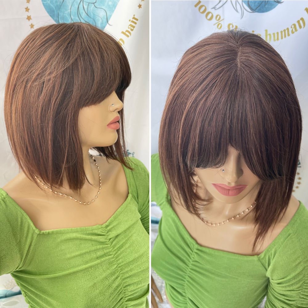 Натуральный парик с чёлкой вставка кожи славянский волос каре