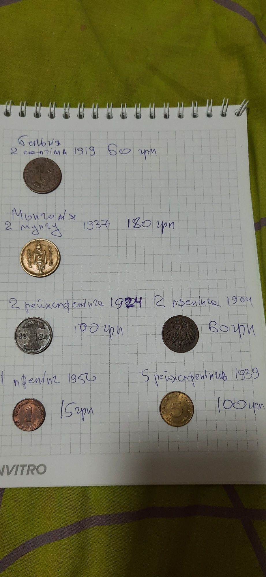 Монети Бельгія 1919, Монголія 1937,рейхспфенінги 1924, пфенінг 1904