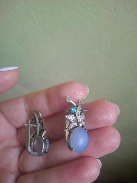 Сережки срібло з камінням місячний і бірюза