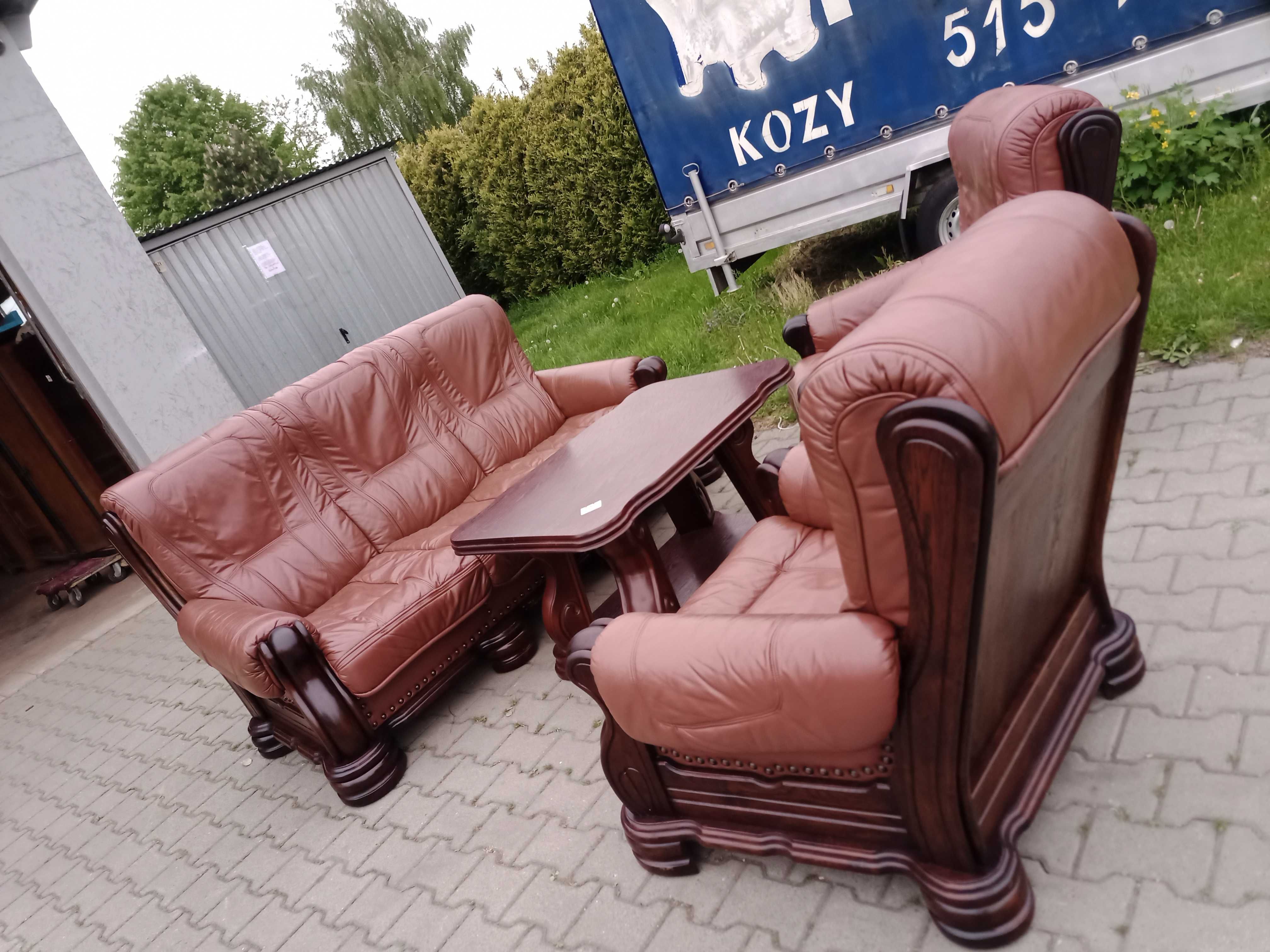 Komplet Wypoczynkowy KLER Bonzo 3+1+1 i Ława , Dąb - Skóra Brąz