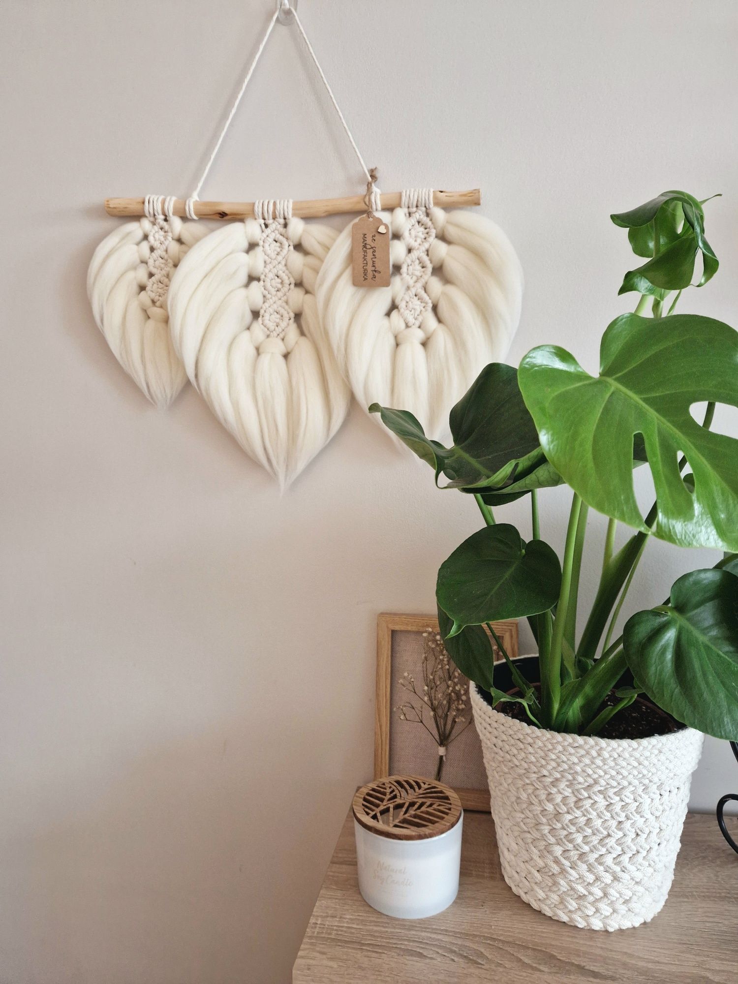 Makramowe liście z wełny puchate listki handmade rękodzieło