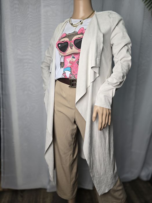 Kardigan Narzutka beżowa latte zamsz zamszowa asymetryczna długa S