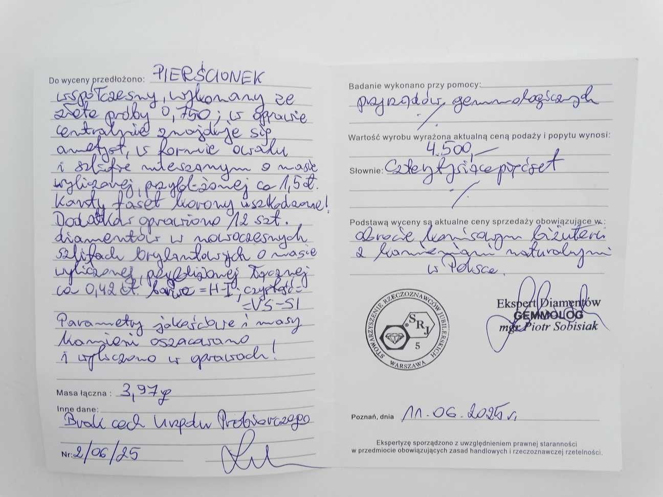Złoty Pierścionek 3,97g P750 R17 Ametyst 1,5ct Brylanty 0,42ct Białe Z