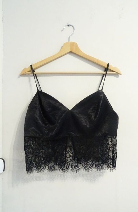 Czarny satynowy crop top bluzka bralet 40 L na ramiączkach