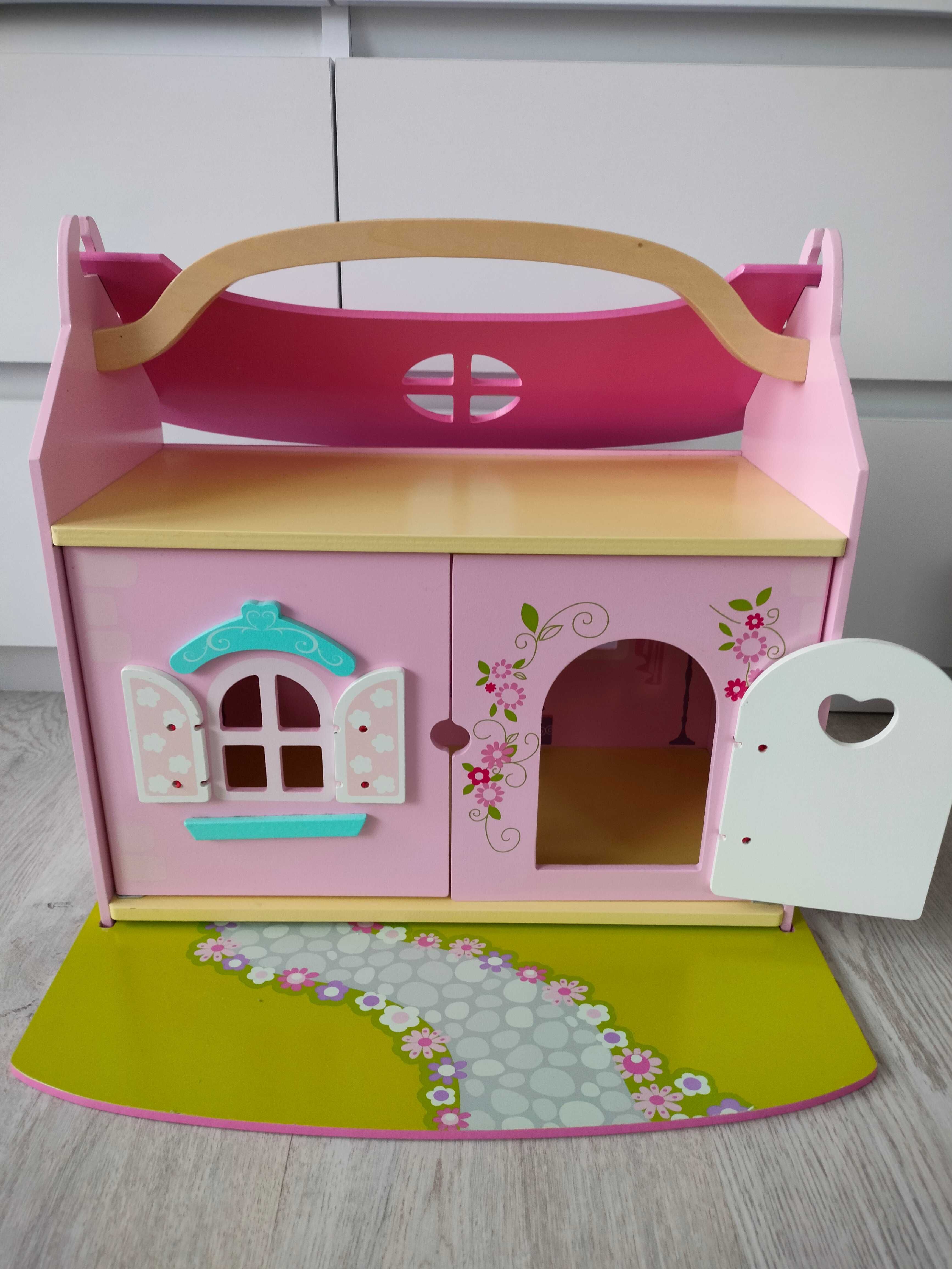 Drewniany domek dla lalek różowy, otwierane drzwi, okiennice, śliczny