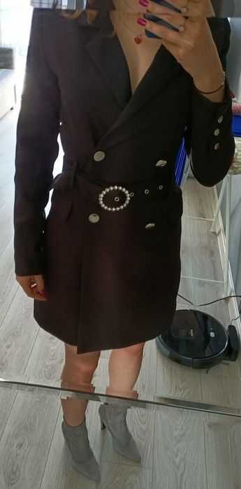 Sukienka elegancka czarna/ płaszcz XS z paskiem guzikami