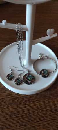 Nowy zestaw biżuterii szklany kaboszon sowa handmade