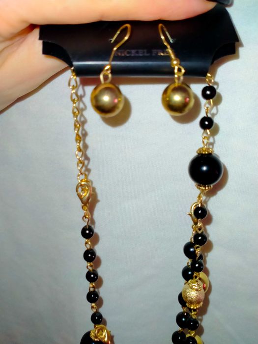 Biżuteria kolia kolczyki komplet kaskada długi złoty czarny