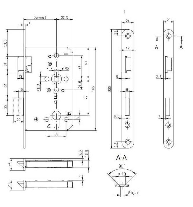 Zamek ECO p-poż GBS 81 20/65/72/9 na wkładkę (DIN 18250) , EN 12209