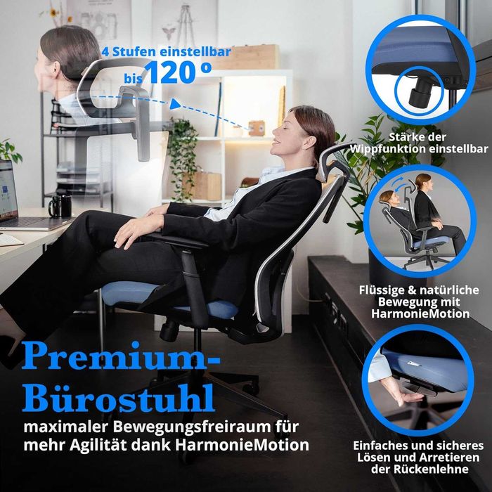 Крісло офісне ергономічне QU-Nher SK9,біле/синє, до150 кг