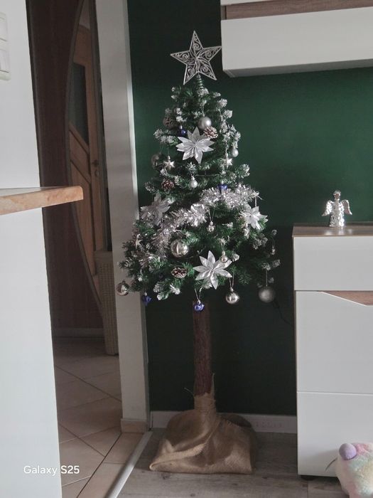 Przepiękna choinka na pniu jak żywa,gęsta,zielona,oszroniona,szyszki.