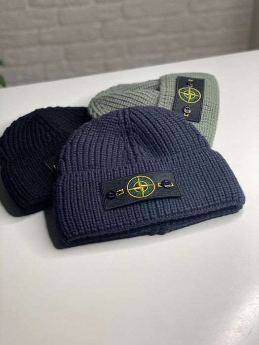 Мужская шапка STONE ISLAND зимняя с патчем вязанная двойная Черная Хак