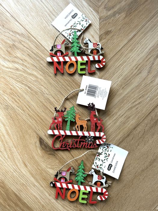 Zestaw 3 drewnianych zawieszek świątecznych Noel Christmas 8 cm