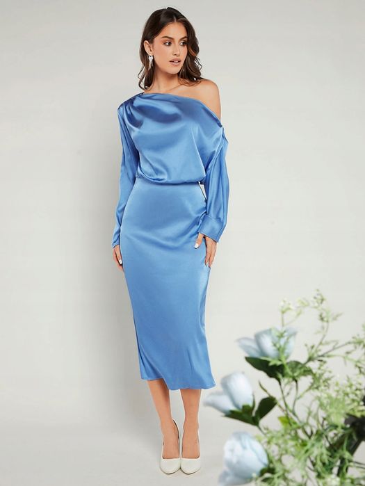 Sukienka Satynowa Na Jedno Ramię Marszczona Z Rozcięciem Midi Shein M