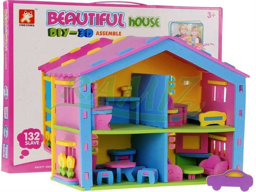 Domek dla lalek z mebelkami i autkiem duży, puzzle piankowe 3D Ramiz