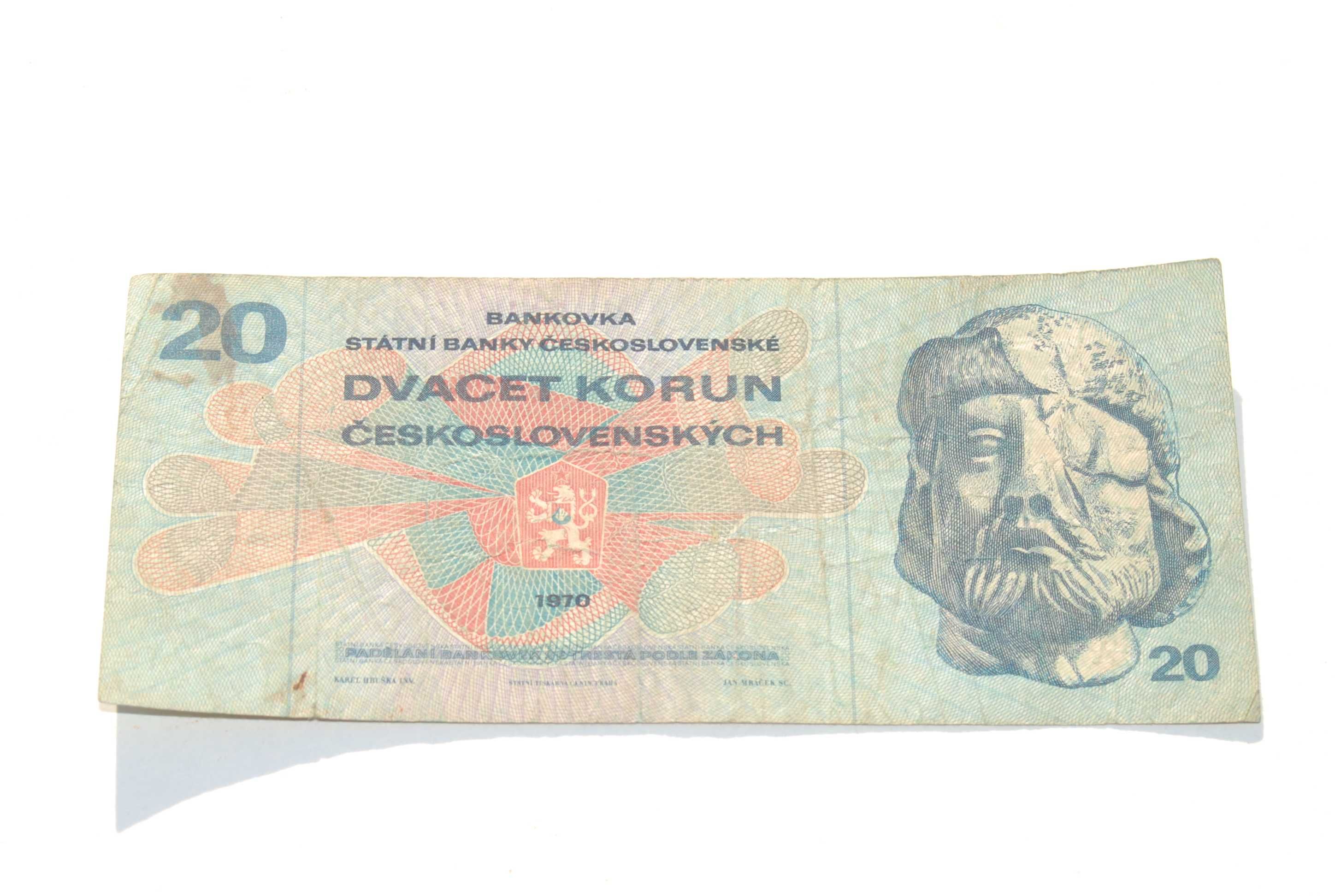 Stary banknot 20 koron Czechosłowacja 1970 antyk