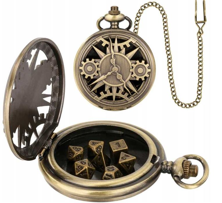 Zegarek kieszonkowy z kostkami DND pudełko z łańcuszkiem metalowy