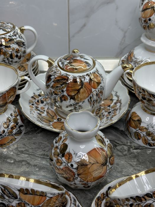 Вінтажний з кістяної порцеляни чайний сервіз Золота осінь ЛПЗ ЛФЗ