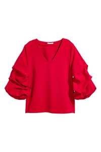 Elegancka czerwona bluzka premium H&M 36 Ozdobne bufiaste rękawy