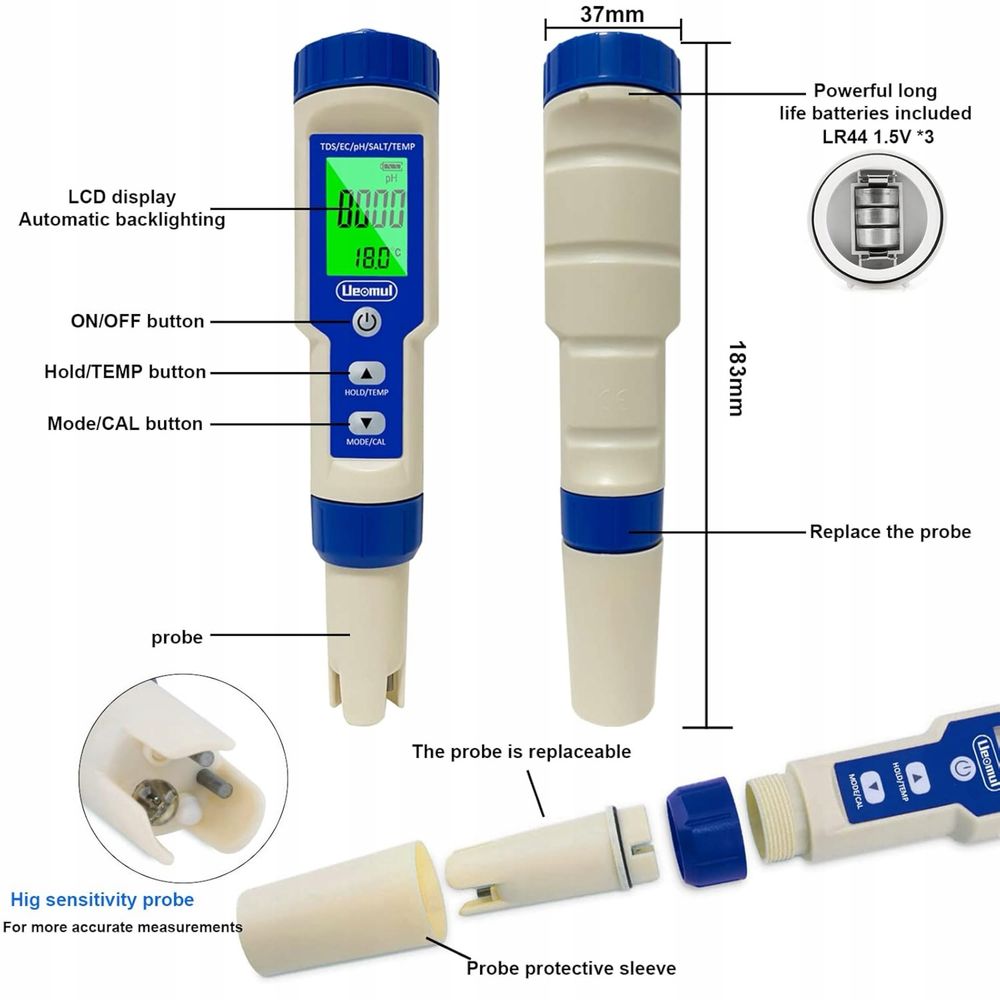 Cyfrowy miernik pH 5 w 1 TDS EC Zawartość soli Temperatura Tester pH