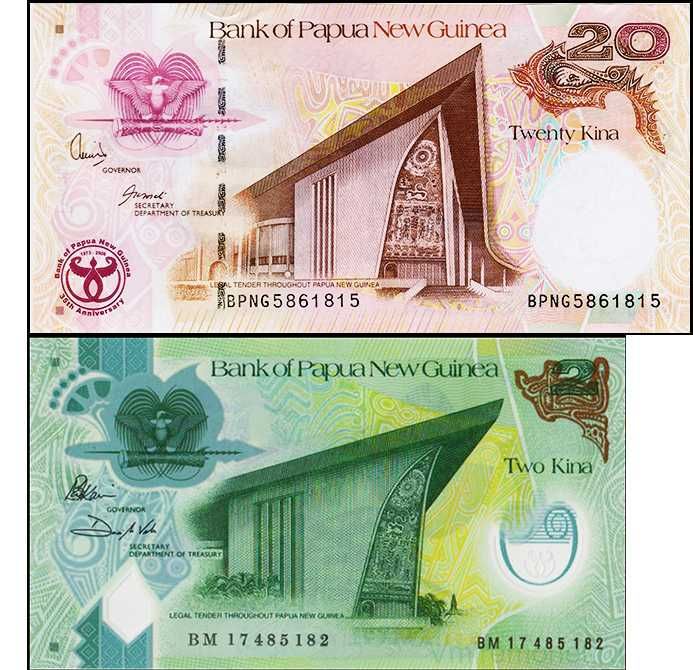Папуа Новая Гвинея 2 и 20 кина. Две банкноты UNC