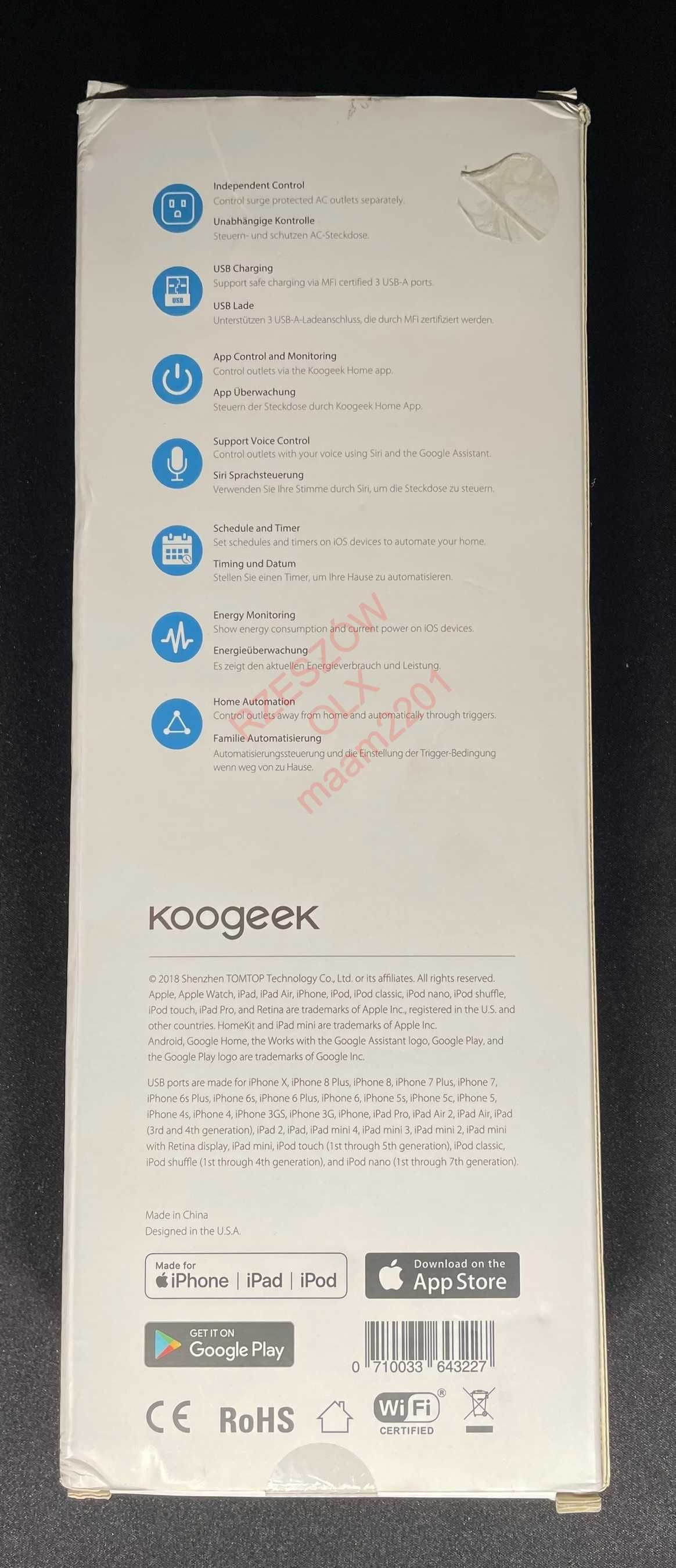 Inteligentna listwa zasilająca Koogeek O1EU - Apple Homekit