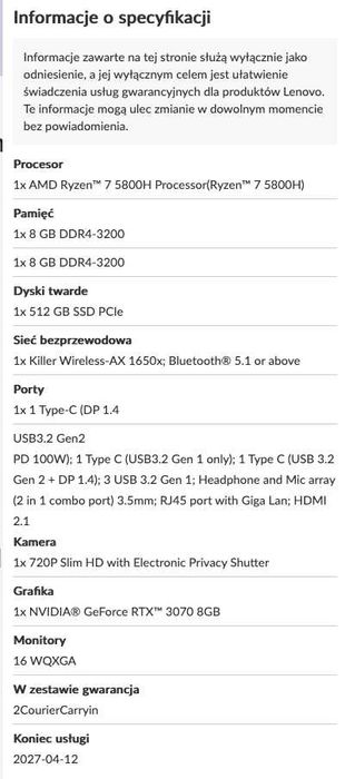 Lenovo Legion 7 16 RTX3070 Ryzen 7 5800H 16gb RAM