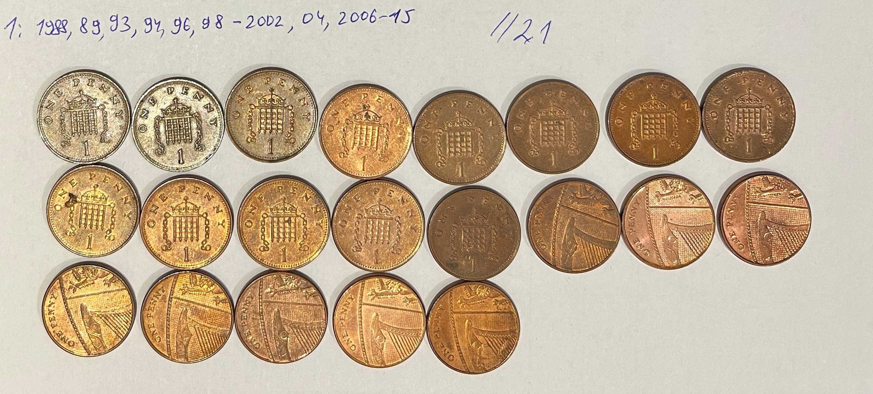 1 пенні Великої Британії (по рокам 23 + 21 шт.)