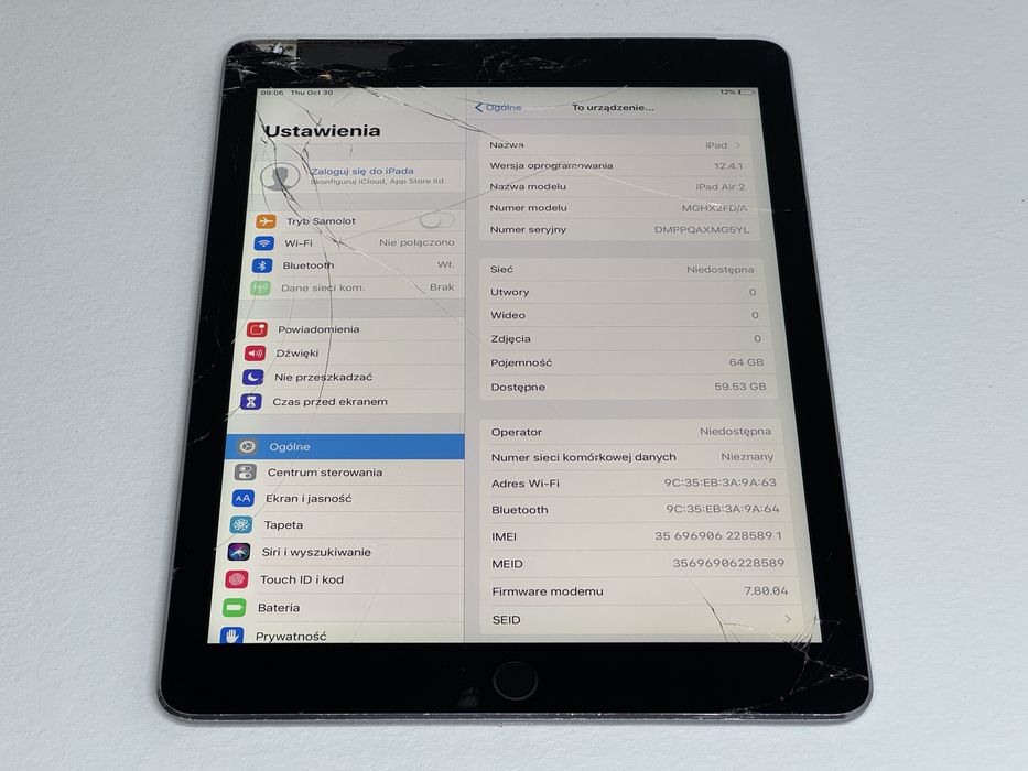 iPad Air 2 (A1567) 64GB - Cellular (LTE) - zbity - faktura VAT 23%