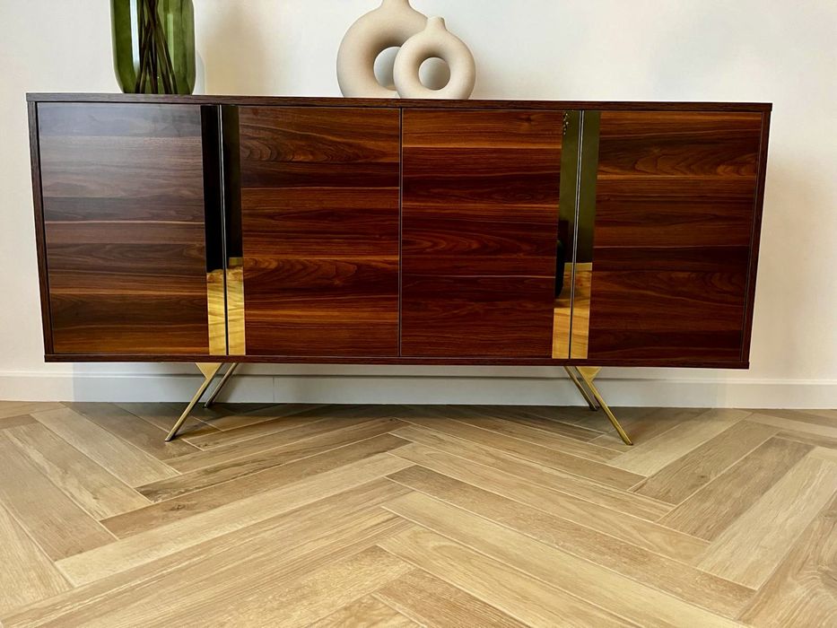 Komoda + 2 szafki nocne, nowoczesny design, drewno + złote detale