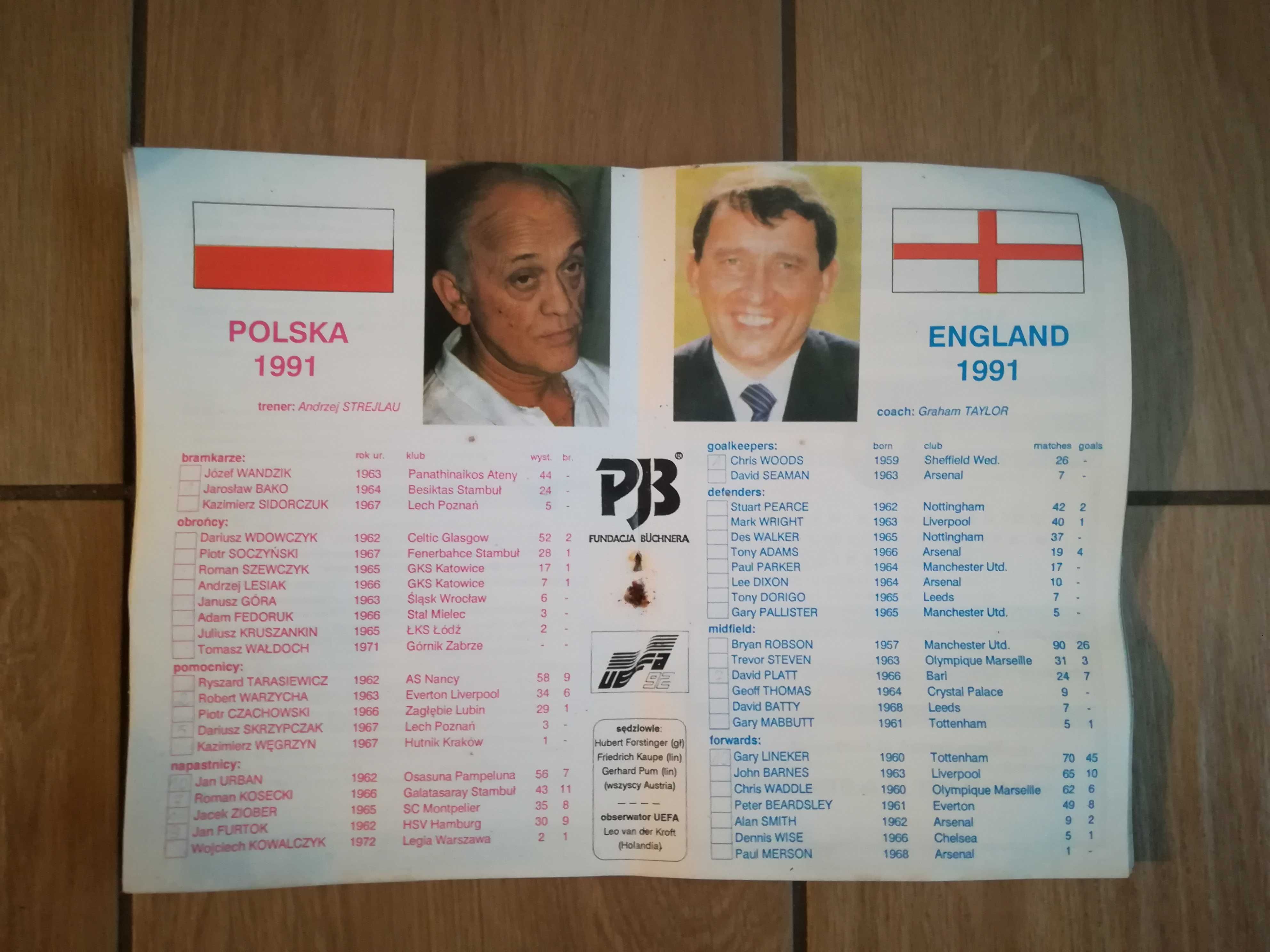 Program meczowy Polska Anglia 1991 rok Poznań