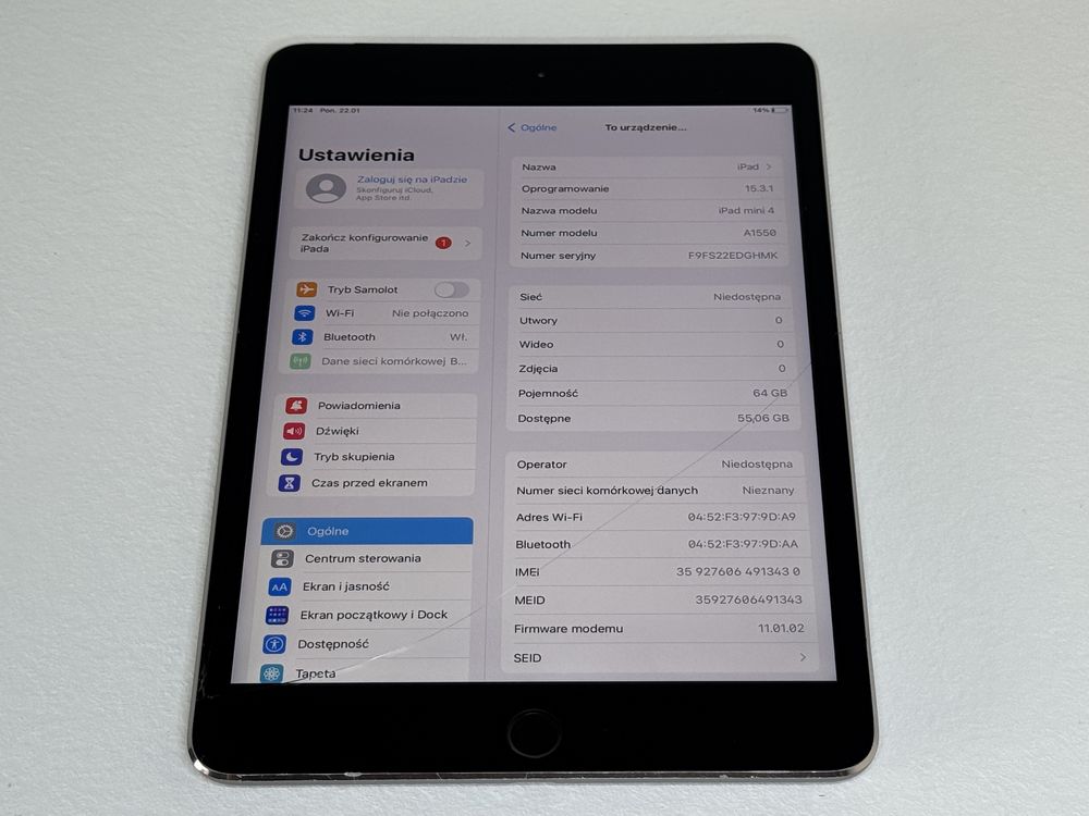 iPad mini 4 64GB (A1550) - Cellular (LTE) - pęknięty - faktura VAT 23%