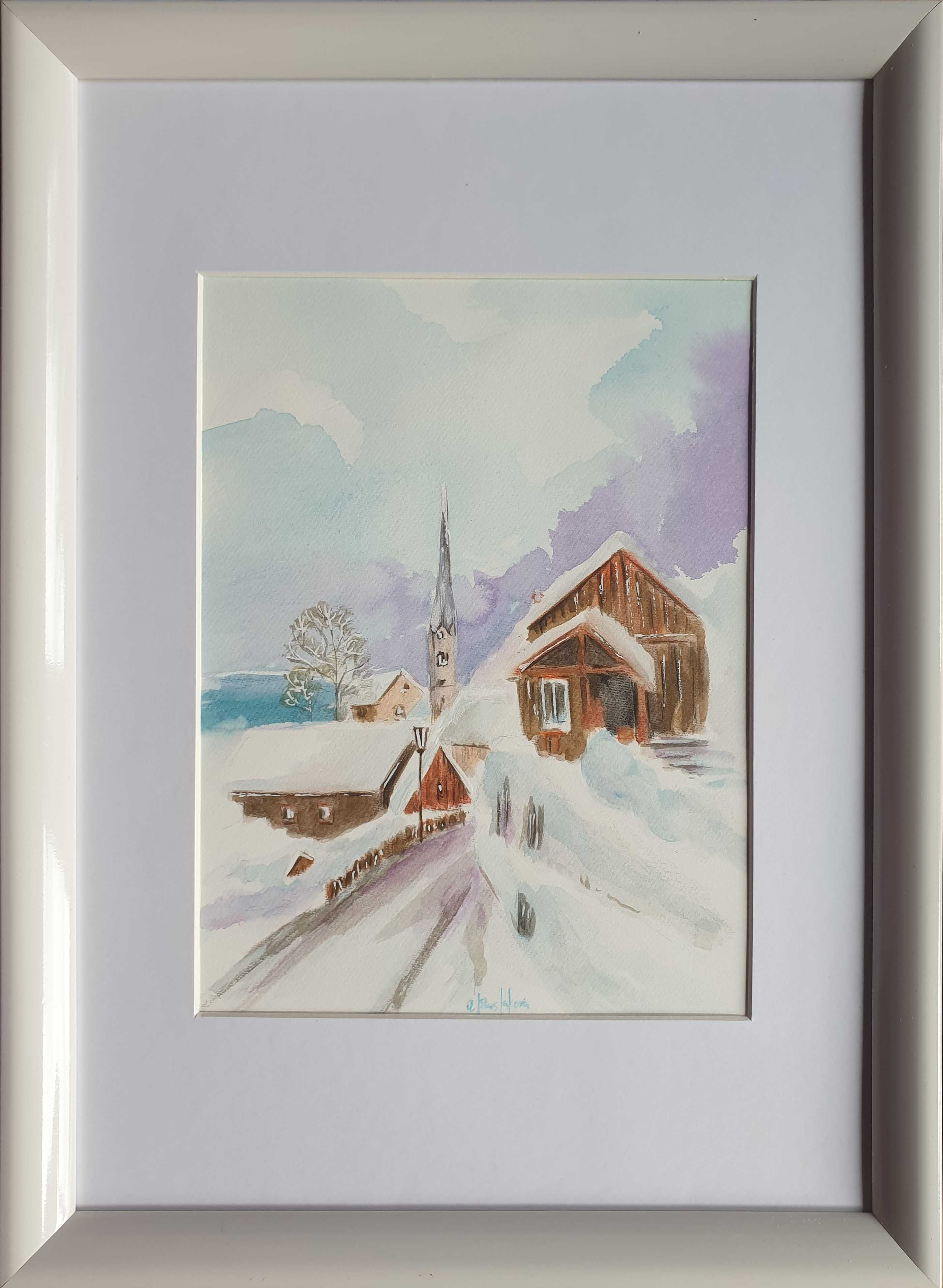 Obraz ręcznie malowany "Zima w górach" +rama akwarela