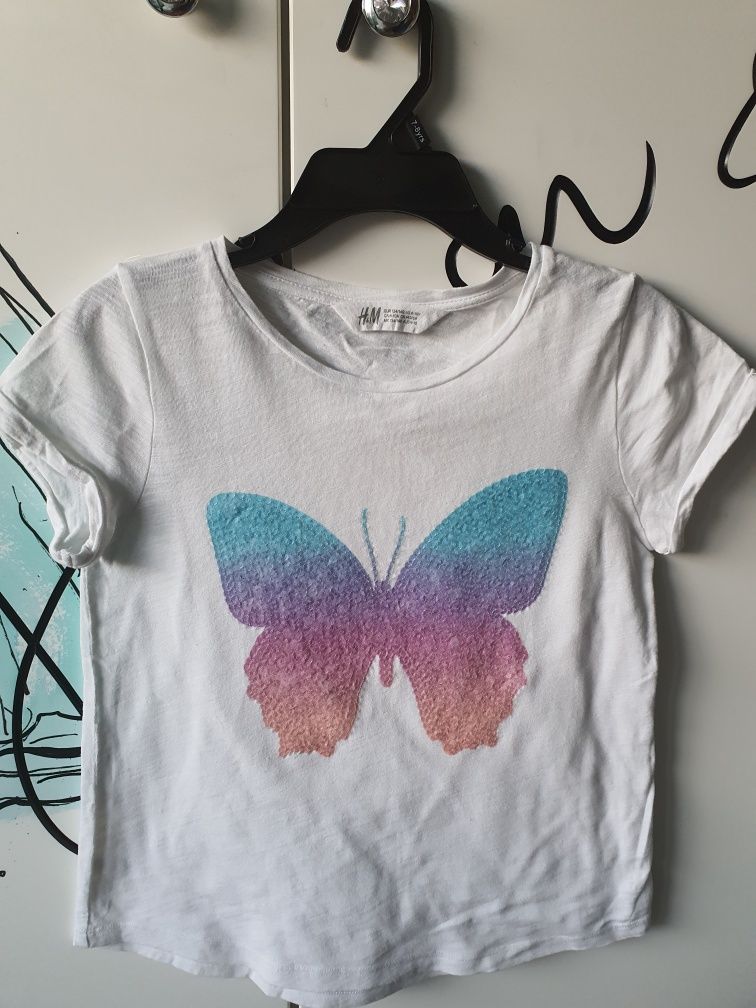 H&M tshirt r. 134/140 - cekiny - kolorowy motyl