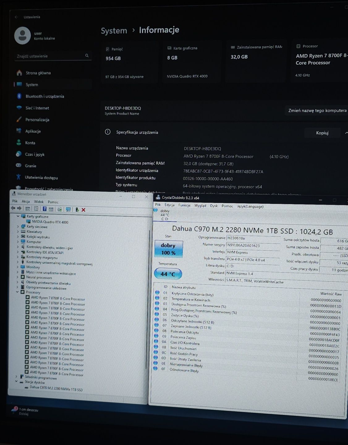 Komputer - Ryzen 7, 32 gb ddr5, 1024 gb gen.4, RTX 4000, Asus, Corsair