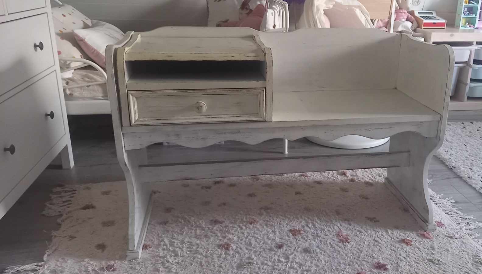 Drewno siedzisko ławka szuflada do przedpokoju biała shabby boho retro