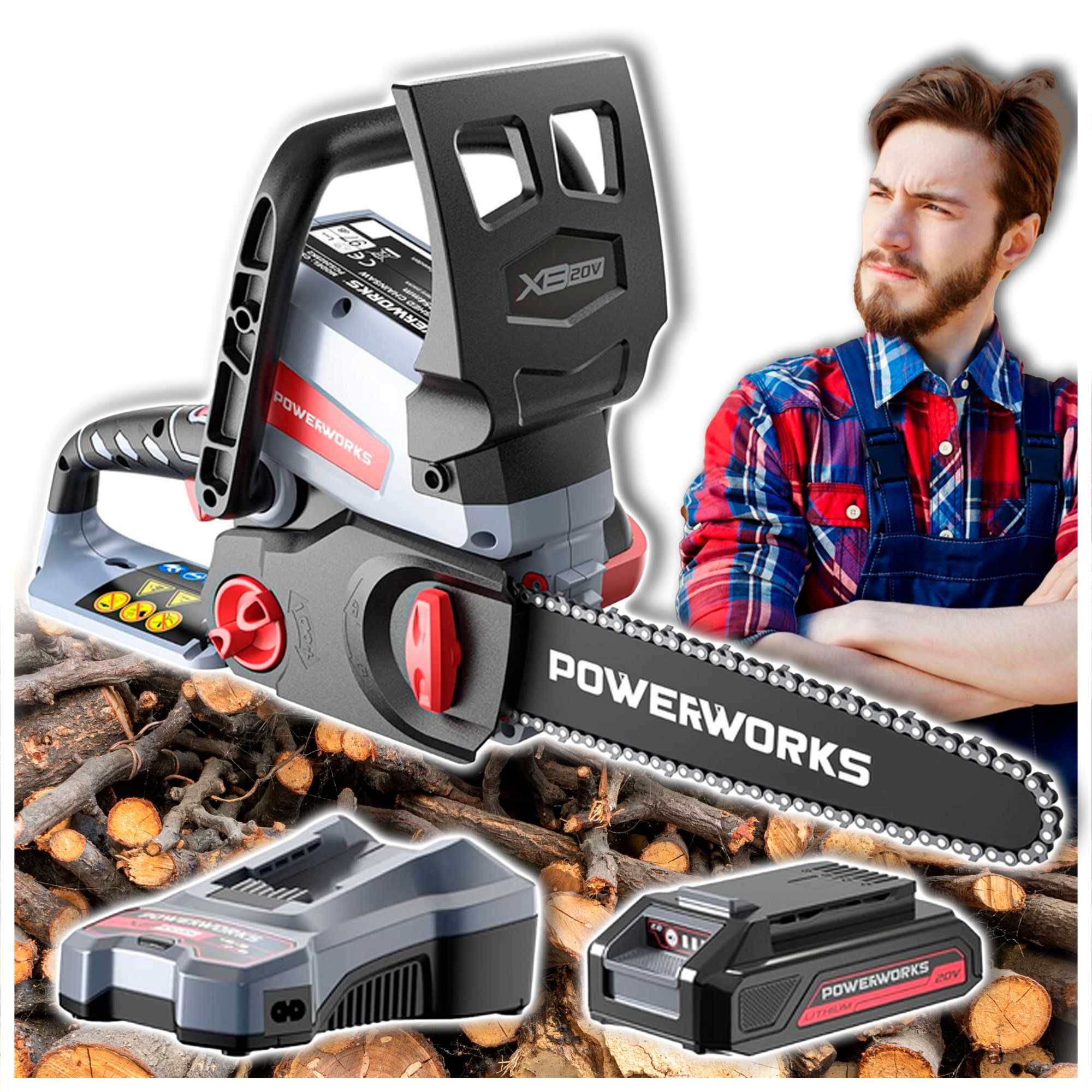 Piła Łańcuchowa Akumulatorowa 25CM 20V 2Ah Zbiornik Oleju POWERWORKS