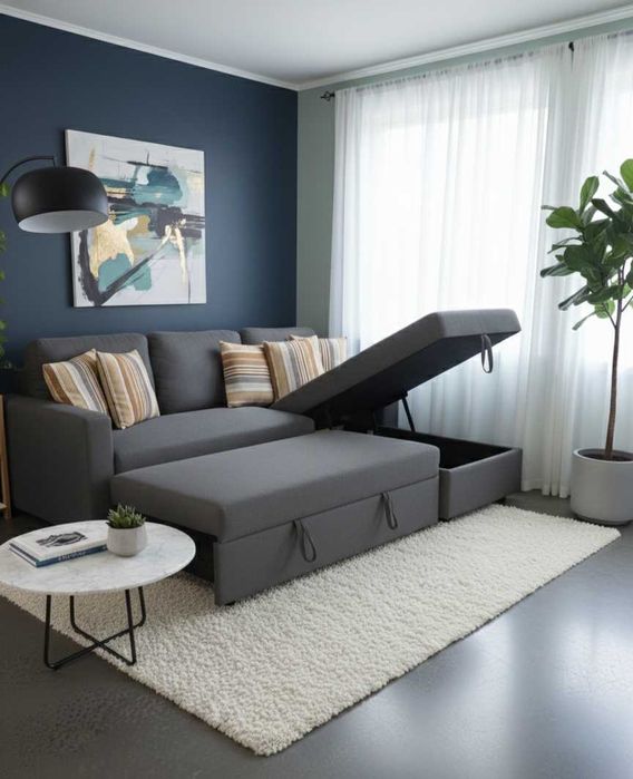 Sofá-Cama com Chaise Longue e Arrumação