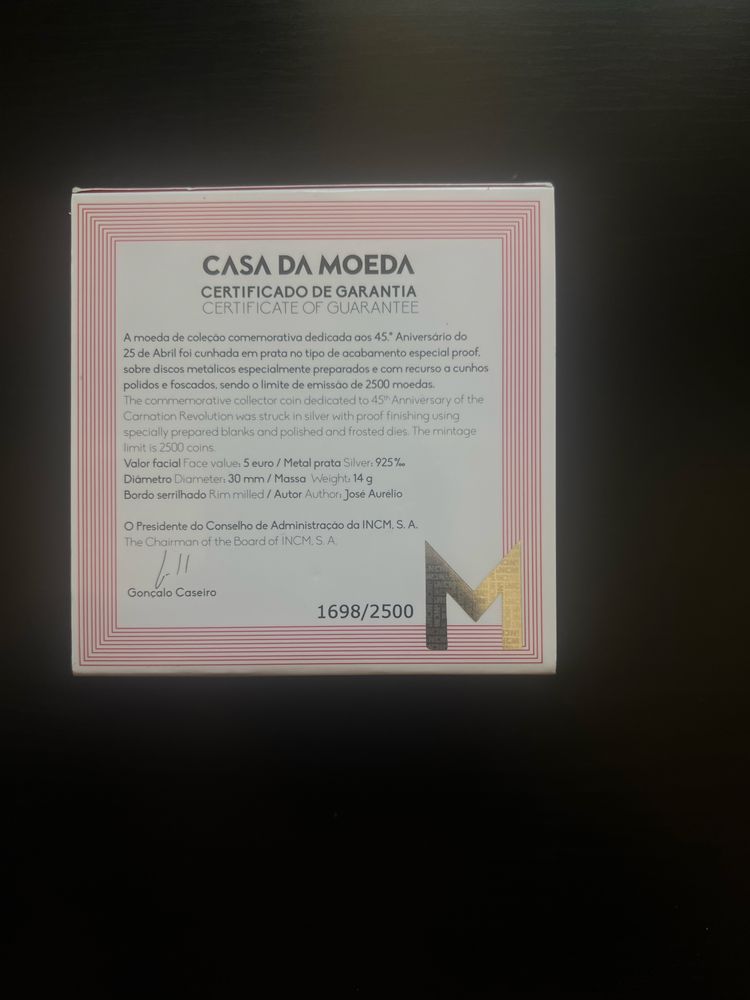 Moeda 5€ proof Portugal 2019 - 45° aniversário 25 de abril