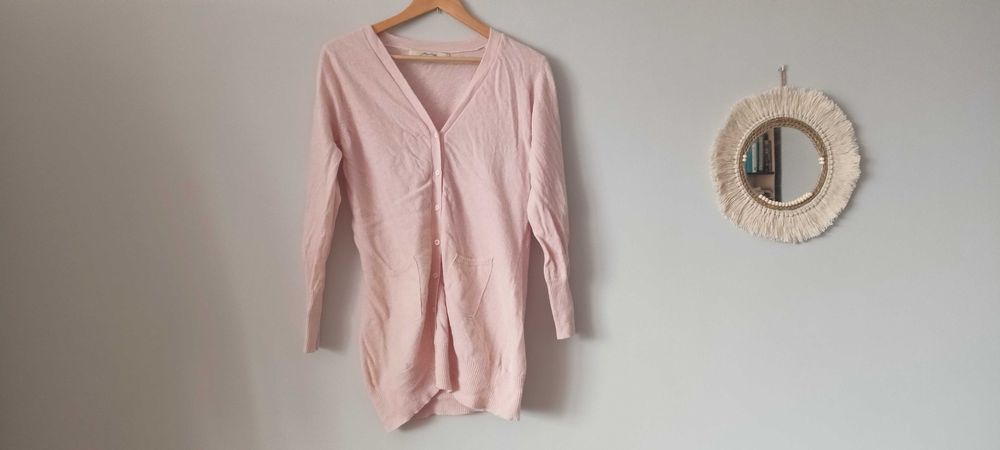 Kardigan różowy pudrowy róż serek rozmiar L 40 lambswool