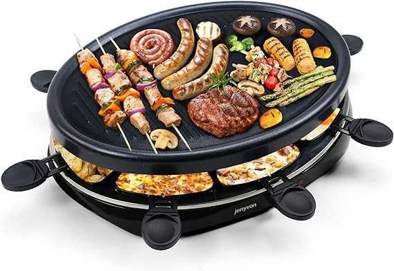 grill raclette z owalną patelnią grillową i 8 patelniami do raclette