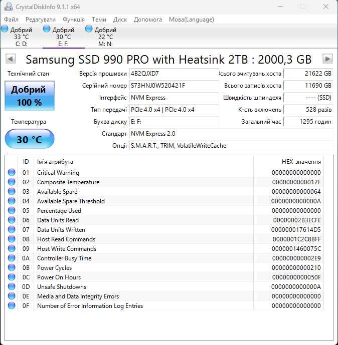 SSD Samsung 990 Pro 2TB M.2 NVMe PCIe 4.0 x4 Heatsink гарантія 3роки