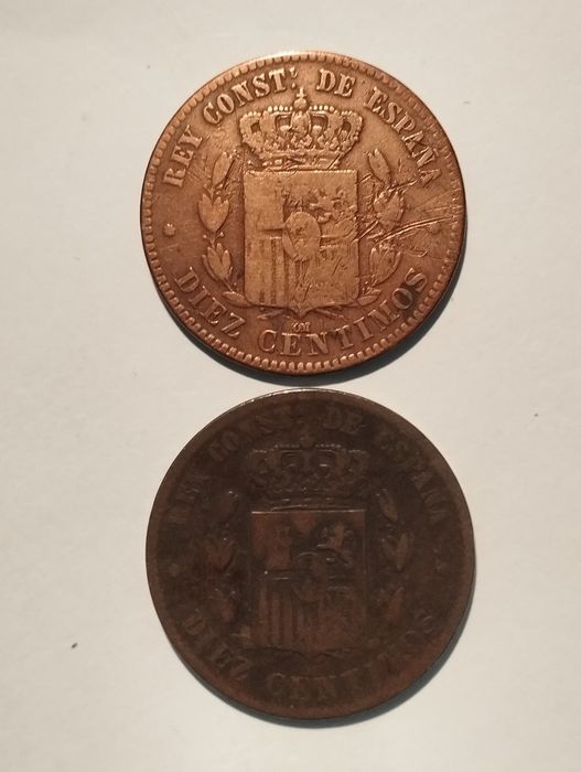 Moedas de 10 Centimos de 1877 e 1878 Espanha