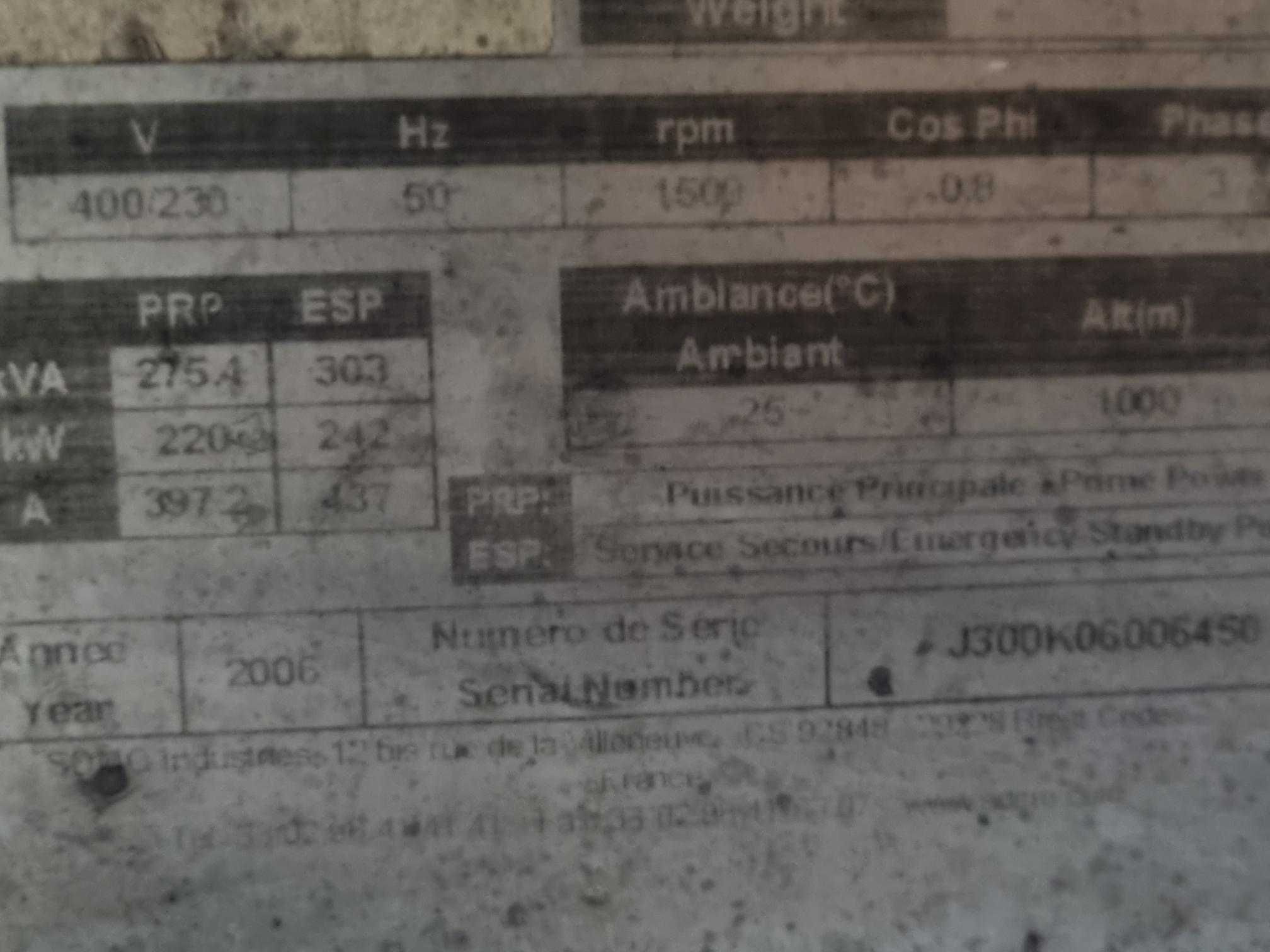 Agregat prądotwórczy 3 f  303 KVA SDMO J300  rok 2006  7836 h.