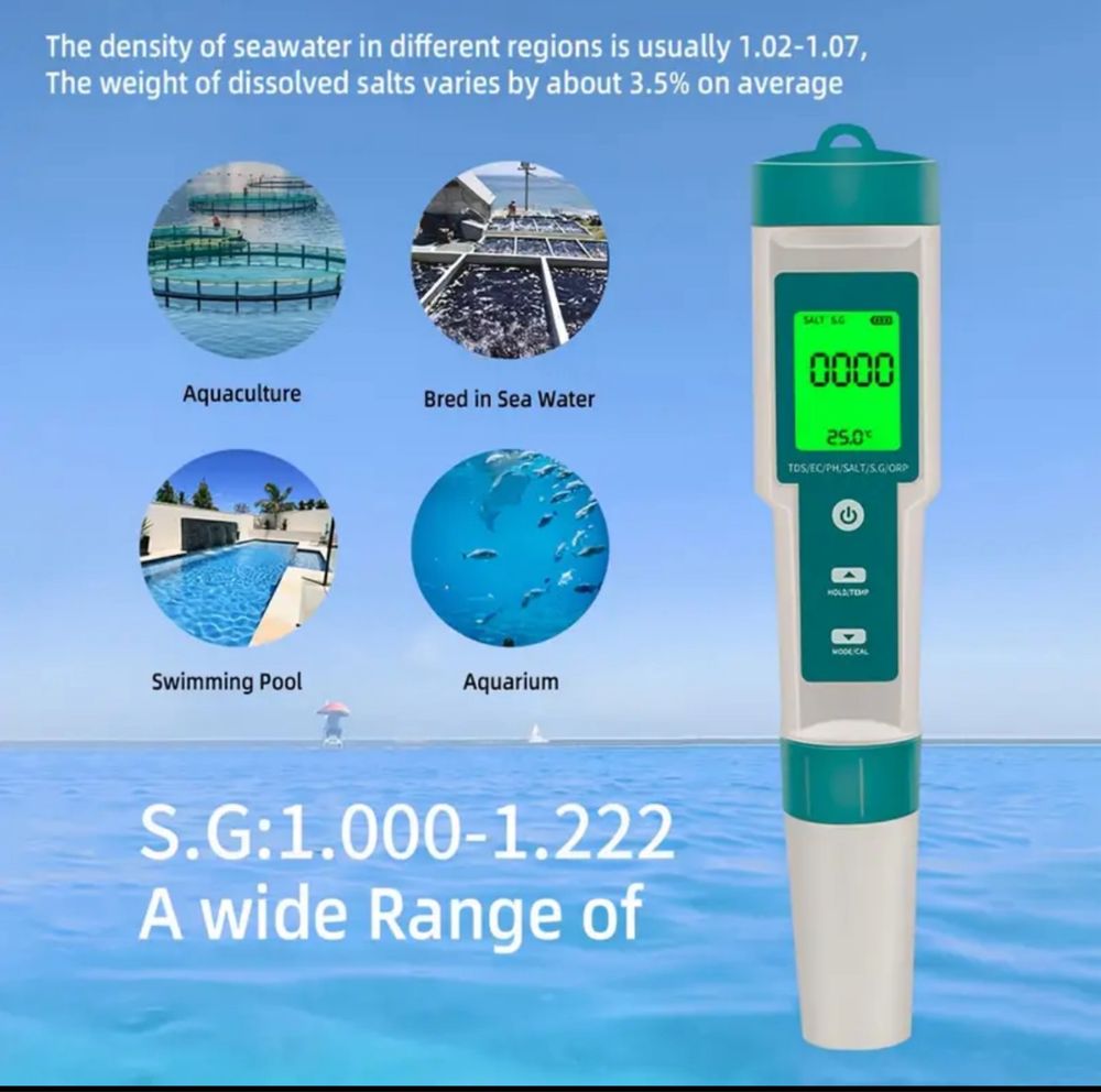 Тестер качества воды 7в1 ORP(ОВП)/РН/TDS метр + EC/TEMP/SALT/S.G