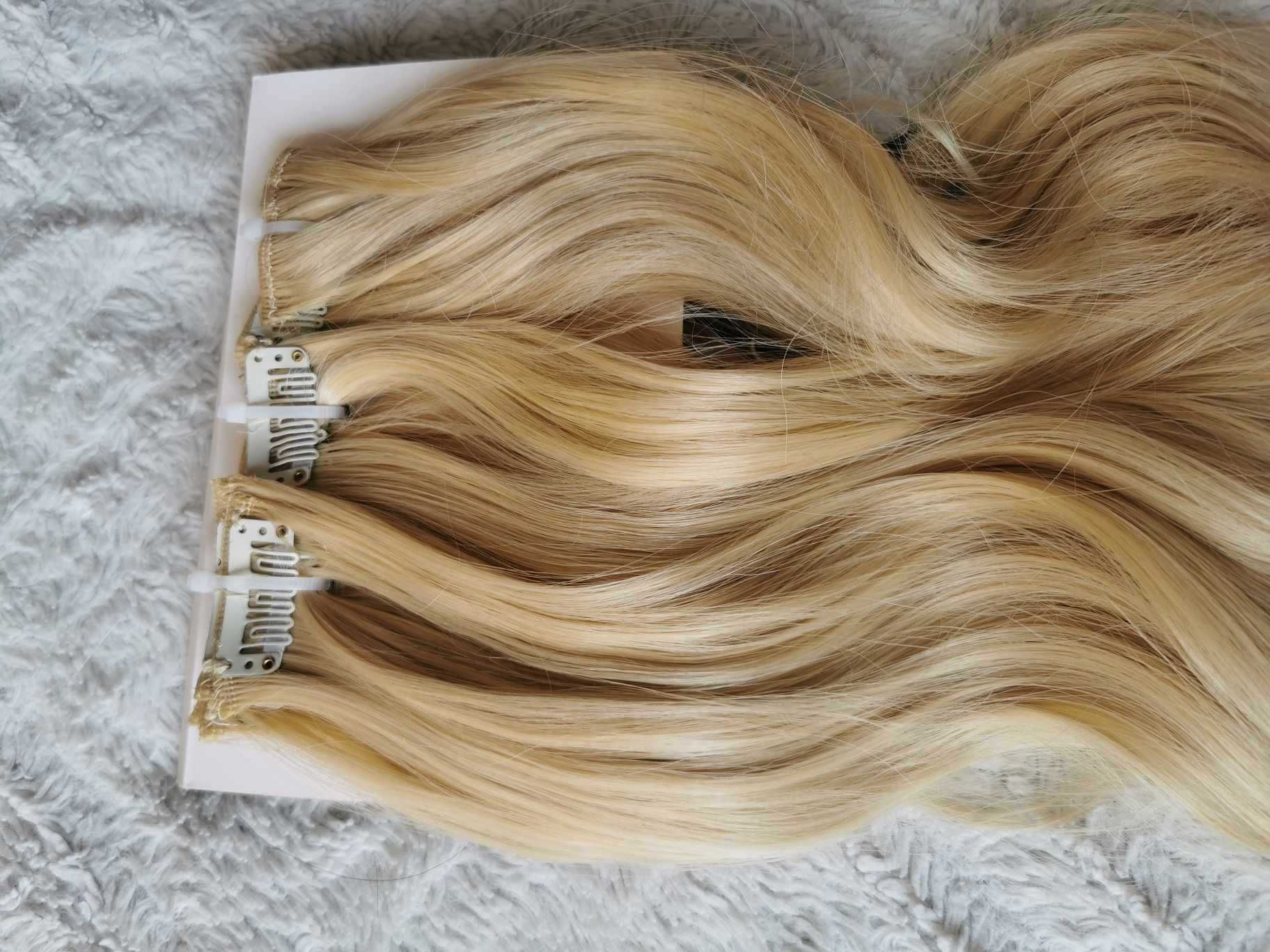 Doczepiane włosy clip in złoty blond 55 cm 8 tresek